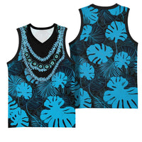 Blue Hawaii Kukui Nut Lei Basketball Jersey Hawaiian Pattern Monstera Tropical Vibes - Polynesian Pride