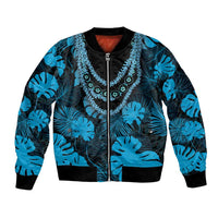 Blue Hawaii Kukui Nut Lei Bomber Jacket Hawaiian Pattern Monstera Tropical Vibes - Polynesian Pride