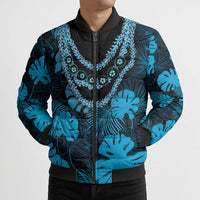 Blue Hawaii Kukui Nut Lei Bomber Puffer Jacket Hawaiian Pattern Monstera Tropical Vibes - Polynesian Pride