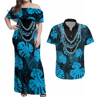 Blue Hawaii Kukui Nut Lei Couples Matching Off Shoulder Maxi Dress and Hawaiian Shirt Hawaiian Pattern Monstera Tropical Vibes LT14 Blue - Polynesian Pride