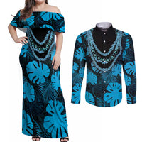 Blue Hawaii Kukui Nut Lei Couples Matching Off Shoulder Maxi Dress and Long Sleeve Button Shirt Hawaiian Pattern Monstera Tropical Vibes - Polynesian Pride