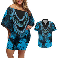 Blue Hawaii Kukui Nut Lei Couples Matching Off Shoulder Short Dress and Hawaiian Shirt Hawaiian Pattern Monstera Tropical Vibes - Polynesian Pride