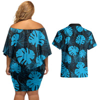 Blue Hawaii Kukui Nut Lei Couples Matching Off Shoulder Short Dress and Hawaiian Shirt Hawaiian Pattern Monstera Tropical Vibes - Polynesian Pride