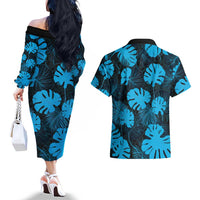 Blue Hawaii Kukui Nut Lei Couples Matching Off The Shoulder Long Sleeve Dress and Hawaiian Shirt Hawaiian Pattern Monstera Tropical Vibes LT14 - Polynesian Pride