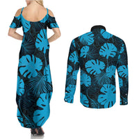Blue Hawaii Kukui Nut Lei Couples Matching Summer Maxi Dress and Long Sleeve Button Shirt Hawaiian Pattern Monstera Tropical Vibes - Polynesian Pride