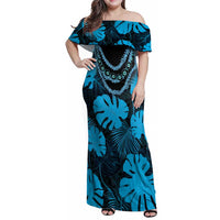 Blue Hawaii Kukui Nut Lei Family Matching Off Shoulder Maxi Dress and Hawaiian Shirt Hawaiian Pattern Monstera Tropical Vibes LT14 Mom's Dress Blue - Polynesian Pride