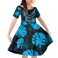 Blue Hawaii Kukui Nut Lei Family Matching Off Shoulder Short Dress and Hawaiian Shirt Hawaiian Pattern Monstera Tropical Vibes LT14 Daughter's Dress Blue - Polynesian Pride