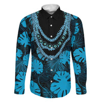 Blue Hawaii Kukui Nut Lei Family Matching Summer Maxi Dress and Hawaiian Shirt Hawaiian Pattern Monstera Tropical Vibes LT14 Dad's Shirt - Long Sleeve Blue - Polynesian Pride
