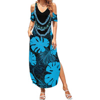 Blue Hawaii Kukui Nut Lei Family Matching Summer Maxi Dress and Hawaiian Shirt Hawaiian Pattern Monstera Tropical Vibes LT14 Mom's Dress Blue - Polynesian Pride