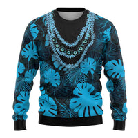 Blue Hawaii Kukui Nut Lei Ugly Christmas Sweater Hawaiian Pattern Monstera Tropical Vibes - Polynesian Pride