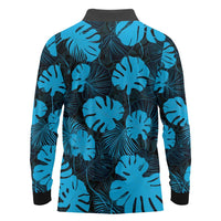 Blue Hawaii Kukui Nut Lei Long Sleeve Polo Shirt Hawaiian Pattern Monstera Tropical Vibes - Polynesian Pride