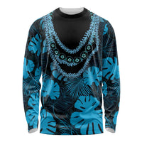 Blue Hawaii Kukui Nut Lei Long Sleeve Shirt Hawaiian Pattern Monstera Tropical Vibes - Polynesian Pride