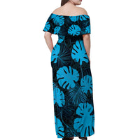 Blue Hawaii Kukui Nut Lei Off Shoulder Maxi Dress Hawaiian Pattern Monstera Tropical Vibes - Polynesian Pride