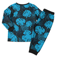 Blue Hawaii Kukui Nut Lei Christmas Pajama Set Hawaiian Pattern Monstera Tropical Vibes - Polynesian Pride