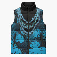Blue Hawaii Kukui Nut Lei Sleeveless Puffer Jacket Hawaiian Pattern Monstera Tropical Vibes - Polynesian Pride