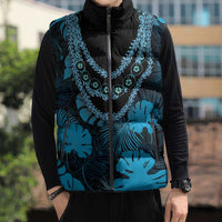 Blue Hawaii Kukui Nut Lei Sleeveless Puffer Jacket Hawaiian Pattern Monstera Tropical Vibes - Polynesian Pride