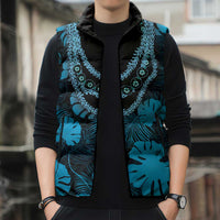 Blue Hawaii Kukui Nut Lei Sleeveless Puffer Jacket Hawaiian Pattern Monstera Tropical Vibes - Polynesian Pride