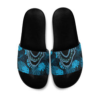 Blue Hawaii Kukui Nut Lei Slide Sandals Hawaiian Pattern Monstera Tropical Vibes - Polynesian Pride
