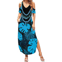 Blue Hawaii Kukui Nut Lei Summer Maxi Dress Hawaiian Pattern Monstera Tropical Vibes LT14 Women Blue - Polynesian Pride