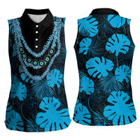 Blue Hawaii Kukui Nut Lei Women Sleeveless Polo Shirt Hawaiian Pattern Monstera Tropical Vibes - Polynesian Pride