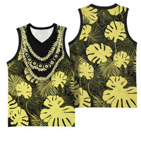 Yellow Hawaii Kukui Nut Lei Basketball Jersey Hawaiian Pattern Monstera Tropical Vibes - Polynesian Pride
