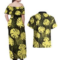 Yellow Hawaii Kukui Nut Lei Couples Matching Off Shoulder Maxi Dress and Hawaiian Shirt Hawaiian Pattern Monstera Tropical Vibes LT14 - Polynesian Pride