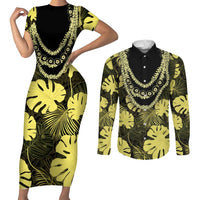 Yellow Hawaii Kukui Nut Lei Couples Matching Short Sleeve Bodycon Dress and Long Sleeve Button Shirt Hawaiian Pattern Monstera Tropical Vibes LT14 Yellow - Polynesian Pride
