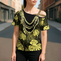 Yellow Hawaii Kukui Nut Lei Cross Shoulder Shirt Hawaiian Pattern Monstera Tropical Vibes - Polynesian Pride