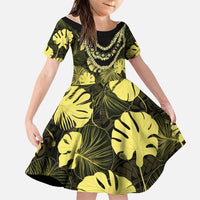 Yellow Hawaii Kukui Nut Lei Family Matching Off The Shoulder Long Sleeve Dress and Hawaiian Shirt Hawaiian Pattern Monstera Tropical Vibes LT14 Daughter's Dress Yellow - Polynesian Pride