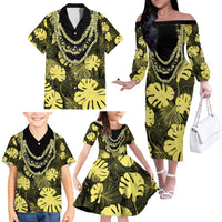 Yellow Hawaii Kukui Nut Lei Family Matching Off The Shoulder Long Sleeve Dress and Hawaiian Shirt Hawaiian Pattern Monstera Tropical Vibes - Polynesian Pride