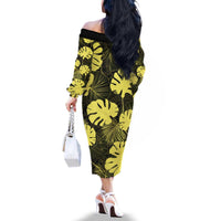 Yellow Hawaii Kukui Nut Lei Family Matching Off The Shoulder Long Sleeve Dress and Hawaiian Shirt Hawaiian Pattern Monstera Tropical Vibes - Polynesian Pride