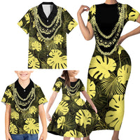 Yellow Hawaii Kukui Nut Lei Family Matching Short Sleeve Bodycon Dress and Hawaiian Shirt Hawaiian Pattern Monstera Tropical Vibes - Polynesian Pride