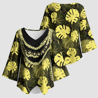 Yellow Hawaii Kukui Nut Lei Kimono Sleeve Blouse Hawaiian Pattern Monstera Tropical Vibes - Polynesian Pride