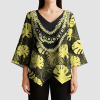 Yellow Hawaii Kukui Nut Lei Kimono Sleeve Blouse Hawaiian Pattern Monstera Tropical Vibes - Polynesian Pride