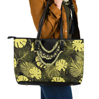 Yellow Hawaii Kukui Nut Lei Leather Tote Bag Hawaiian Pattern Monstera Tropical Vibes - Polynesian Pride