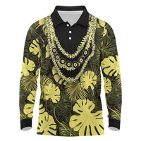 Yellow Hawaii Kukui Nut Lei Long Sleeve Polo Shirt Hawaiian Pattern Monstera Tropical Vibes - Polynesian Pride