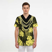 Yellow Hawaii Kukui Nut Lei Scrub Top Hawaiian Pattern Monstera Tropical Vibes - Polynesian Pride