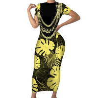 Yellow Hawaii Kukui Nut Lei Short Sleeve Bodycon Dress Hawaiian Pattern Monstera Tropical Vibes - Polynesian Pride