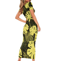Yellow Hawaii Kukui Nut Lei Short Sleeve Bodycon Dress Hawaiian Pattern Monstera Tropical Vibes - Polynesian Pride