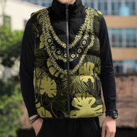 Yellow Hawaii Kukui Nut Lei Sleeveless Puffer Jacket Hawaiian Pattern Monstera Tropical Vibes - Polynesian Pride