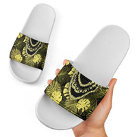 Yellow Hawaii Kukui Nut Lei Slide Sandals Hawaiian Pattern Monstera Tropical Vibes - Polynesian Pride