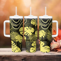 Yellow Hawaii Kukui Nut Lei Tumbler With Handle Hawaiian Pattern Monstera Tropical Vibes - Polynesian Pride