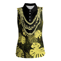 Yellow Hawaii Kukui Nut Lei Women Sleeveless Polo Shirt Hawaiian Pattern Monstera Tropical Vibes - Polynesian Pride