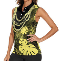 Yellow Hawaii Kukui Nut Lei Women Sleeveless Polo Shirt Hawaiian Pattern Monstera Tropical Vibes - Polynesian Pride