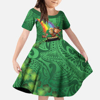 Hawaii Saint Patrick's Day Family Matching Long Sleeve Bodycon Dress and Hawaiian Shirt Funny Leprechaun With Pot Of Gold - Polynesian Tattoo LT14 Daughter's Dress Green - Polynesian Pride