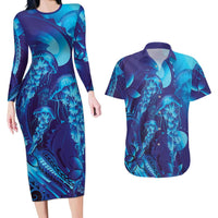 Purple Paradise Polynesia Jellyfish Couples Matching Long Sleeve Bodycon Dress and Hawaiian Shirt Plumeria Polynesian Tattoo Glowing Vibes LT14 Purple - Polynesian Pride