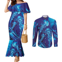 Purple Paradise Polynesia Jellyfish Couples Matching Mermaid Dress and Long Sleeve Button Shirt Plumeria Polynesian Tattoo Glowing Vibes LT14 Purple - Polynesian Pride