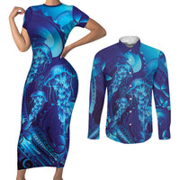 Purple Paradise Polynesia Jellyfish Couples Matching Short Sleeve Bodycon Dress and Long Sleeve Button Shirt Plumeria Polynesian Tattoo Glowing Vibes