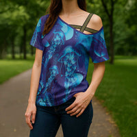 Purple Paradise Polynesia Jellyfish Cross Shoulder Shirt Plumeria Polynesian Tattoo Glowing Vibes