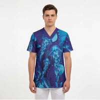 Purple Paradise Polynesia Jellyfish Scrub Top Plumeria Polynesian Tattoo Glowing Vibes